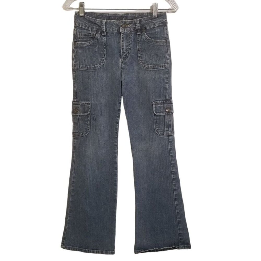 Arizona Jean Co Jeans Girl's Size 14 Slim Blue Denim Vtg Flare Leg Cargo Pockets